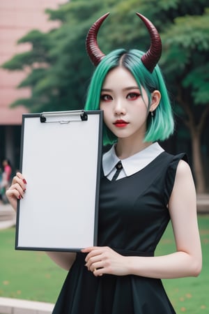 A girl with green hair, red eyes, and two horns (one white), showcasing a devilish appearance with pale skin. She is wearing a cute black dress. She is in a HuangKung University campus setting, holding a blank whiteboard without word in her hand. Around her are typical campus elements like buildings, trees, and students in the background, along with a holographic interface titled "HK".
