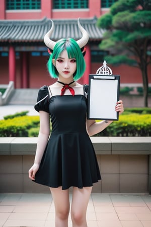 A girl with green hair, red eyes, and two horns (one white), showcasing a devilish appearance with pale skin. She is wearing a cute black dress. She is in a HuangKung University campus setting, holding a blank whiteboard without word in her hand. Around her are typical campus elements like buildings, trees, and students in the background, along with a holographic interface titled "HK".