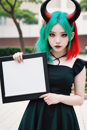 A girl with green hair, red eyes, and two horns (one white), showcasing a devilish appearance with pale skin. She is wearing a cute black dress. She is in a HuangKung University campus setting, holding a blank whiteboard without word in her hand. Around her is white empty background.