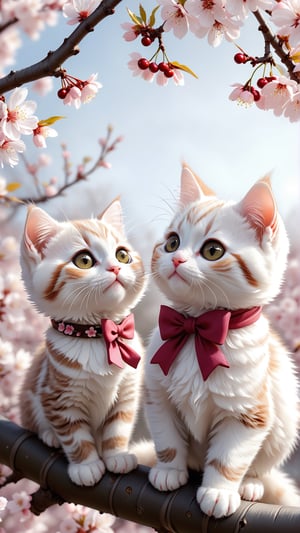 Side view shot, Turn around and look ahead, Two cute little fluffy fat white kittens sit down on the cherry blossom tree branch and smiled happily,They have thick and short fur. Autumn style, realistic high quality cherry blossom tree, many and many cherry blossoms full the branch, big eyes so cute and beautiful, beautiful flowers, Turn around and look viewers , pink flowers blooming fantastic amazing and romantic lighting boken, cherry blossoms amazing tale and lighting as background, Xxmix_Catecat