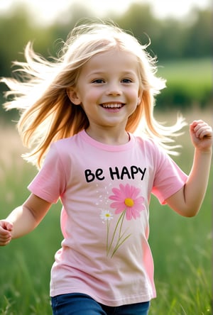 a very realistic 6 year old girl, blonde hair flowing by wind,smiling happily, wearing light pink T-shirt with aflower on it wrote 'Be Happy' on top. Afternoon spring, front view, blur grassland behind girl.