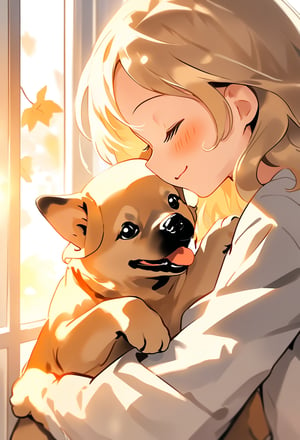 a very cute little brown puppy being tickled by its young girl master,puppy closed eyes, curled up, opens mouth. Master has blond hair, smiling, wear light grey long sleeves clothes. puppy on master's arm, in a house, golden hour, hallow light coms from the window. Close up view, Evening autumn.