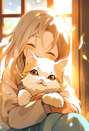 a cute little white kitten being tickled by its girl master. Kitten closed eyes, curled up, opens mouth. Only see master's hand, kitten on master's arm, in a house, golden hour, hallow light coms from the window. Close up view, Evening spring.