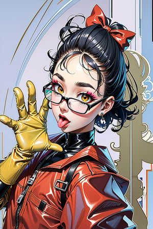 UPSCALED. MASTERPIECE. chic glasses,, better hands, nice hands,  rubber, latex, hip-up, pretty eyes,, (yellow gloves, yellow rubber gloves),  glossy skin, see-through clothe, (makeup),tongue out