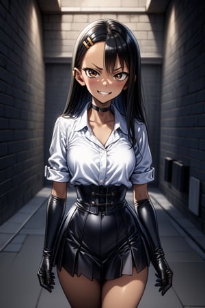 4HDK. UPSCALED. MASTERPIECE. Imagine this. Upscaled Synthography. Far view shot, Nagatoro mistress watching to the camera with a cruel sadic angry face. Awesome sadistic imposing beauty mistress Nagatoro wearing sailor schoolgirl uniform,  the mistress wearing heavy duty rubber gauntlets and double gloving long leather gloves,  holding a blade in one hand, buttoned silk blouse with Victorian neck,  choker,  ornate leather corset,  sadic grin, yandere trance, kissing lips, synthetic wig, breastfeeding chest, rubber plaid miniskirt. Perfect anatomy, nice eyes, perfect eyes, nice hair, eyeliner and makeup, beautiful face, nice hands. Free space above head, isometrics details, octane render, high definition, approaching perfection, pure form, golden ratio, something that even doesn't exist, iridescent and luminescent textures, breathtaking beauty, pure perfection, divine presence, unforgettable, perfect breasts, beautiful breasts, masterpiece, detailed colorful dungeon environment,  brick walls,  whimsical,  tetradic colors,  rocks and stones,  fairytale,  fantasy,  vibrant,  sunbeams. 4HDK,  free space above head,  isometrics details,  octane render,  high definition,  approaching perfection,  pure form,  golden ratio,  intricate details,  stunning,  something that even doesn't exist,  dark lightning,  hyperdetailed,  intricately detailed gothic art,  triadic colours,  fantastical,  intricate detail,  splash screen,  complementary colours,  fantasy, best quality. Female, yandere trance, nagatoro_hayase