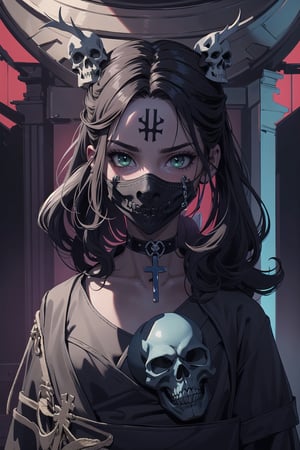 (masterpiece, best quality, ultra-detailed, 8K), girl, close up, gamer girl watching to the camera, looking at the viewer, expressive eyes, green eyes,
blushing, disgusted face, lust, dark gothic style, choker, cross necklace, skull face mask 