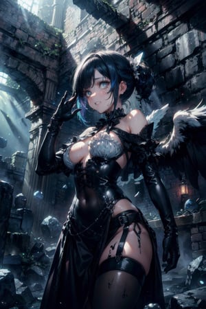 UPSCALED.  Anime. fallen angel mistress with tear streaks, eyes radiating anger and sadness , whole body covered with black blood, beautiful black dress symmetrical, dripping black paint on the figure, the mistress wearing heavy duty rubber gauntlets and double gloving long leather gloves, buttoned silk blouse with Victorian neck showing underboob, choker, ornate leather corset, sadic grin, full curvy body, detailed colorful dungeon environment, brick walls, whimsical, tetradic colors, rocks and stones, fairytale, fantasy, vibrant, sunbeams. 4HDK, free space above head, isometrics details, octane render, high definition, approaching perfection, pure form, golden ratio, intricate details, stunning, something that even doesn't exist, dark lightning, hyperdetailed, intricately detailed gothic art, triadic colours, fantastical, intricate detail, splash screen, complementary colours, fantasy concept art, 8k resolution, oil painting, heavy strokes, soft lighting, film photography, analogue photography, something that even doesn't exist, iridescent and luminescent textures, breathtaking beauty, pure perfection, divine presence, unforgettable, goddess, perfect anatomy, yandere trance