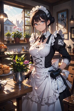 Imagine this. Upscaled. (Masterpiece, best quality, high resolution, highly detailed), Indoors detailed background, perfect lighting. (1girl:1.3), (Hands:1.1), better_hands, best quality, high resolution. Upscaled  synthography. Far view shot, 
victorian house, solo, pouring tea, looking at the viewer, nerd glasses, (((Maid with apron))), choker, cross necklace, Yuri Alpha (overlord), 1girl, grey eyes, glasses, black hair, hair bun, medium breasts, dress, broach, maid, armor, gauntlets, apron.
Free space above head, whole head, top of head. Perfect anatomy, detailed eyes, perfect eyes, nice eyes, nice hair, eyeliner and makeup, beautiful face, nice hands, breathtaking beauty, pure perfection, divine presence, unforgettable, perfect breasts, beautiful breasts.
Detailed  house environment, extreme detailed, , highest detailed,((ultra-detailed)), (highly detailed illustration), ((an extremely delicate and beautiful)),cinematic light.
 By Paracosmos.
,realhands