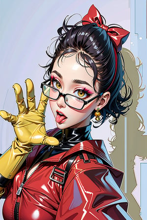 UPSCALED. MASTERPIECE. chic glasses,, better hands, nice hands,cleavage,  rubber, latex, hip-up, pretty eyes,, (yellow gloves, yellow rubber gloves), bottom boob, huge breasts, glossy skin, see-through clothe, (makeup),tongue out