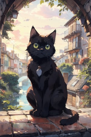 black cat looking at viewer cutely, happy cat, animedia, ghibli, intricate background