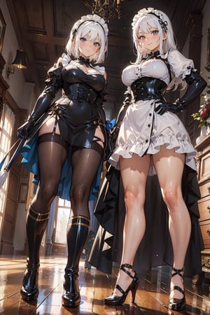 Imagine this. Upscaled, (((one with white hair))), 2girls, clear skin, (Masterpiece, best quality, high resolution, highly detailed), Indoors detailed background, perfect lighting. (Hands:1.1), better_hands, gloved hands, better_hands.
Corny Katrina maid with white hair smiling and teasing you with an evil twin. Maid, black dress (dress:1.2), heavy duty working rubber gloves, puffy skirt, long skirt, puffy sleeves, long sleeves, Juliet sleeves, buttoned blouse with Victorian neck, tight corset, (huge breasts:1.1), breastfeeding chest. Indoors, (renaissance, vintage:1.2), ornate walls, 
By Paracosmos. 
,nodf_lora,LatexConcept