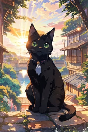 black cat looking at viewer cutely, happy cat, cat with green eyes, animedia, ghibli, intricate background, sunny, sun in the background.