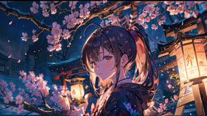 //Quality
(((best quality, 8k wallpaper))), ((detailed eyes, detailed illustration, detailed fingers, masterpiece, ultra-detailed)),

//Charater
1girl, solo, Nanashi Mumei, (brown hairs), 
mumeidef,

// Pose
upper body, (dynamic angle), 
looking at viewer, 

// Background
((detailed background)), midjourney, yofukashi background,perfect light, (cherry blossoms), extremely delicate and beautiful, ((background: shrine, night stars iridescent)), ((nightime, detailed stars)), Night view in the shrine, A girl prays in front of a shrine at night, behind her is a row of lanterns and a red torii gate,Detailedface,More Detail