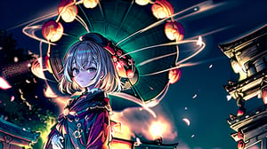 //Quality
(((best quality, 8k wallpaper))), ((detailed eyes, detailed illustration, masterpiece, ultra-detailed)),

//Body
(detailed face, (detailed eyes), detailed skin, detailed hair, detailed fabric),
(beautiful detailed eyes, pretty eyelashes, (shiny eyes)), (glossy eyes))), reflective eyes, sparkly eyes, sparkles in eyes),

//Charater
1girl, solo, Nanashi Mumei, (brown hairs), 
bbmumei, short hair, multicolored hair, braid, hat, beret, japanese clothes, white kimono, print kimono, floral print, shawl, ribbon, white gloves, lace gloves, wide sleeves,

// Pose
upper body, looking at viewer, 
dynamic angle, 

// Background
((detailed background)), midjourney, yofukashi background, (perfect light), (cherry blossoms, petals floating in the wind,), extremely delicate and beautiful, ((background: (shrine:1.5), night stars iridescent)), ((nightime, detailed stars, starry sky,)), Night view in the shrine, A girl prays in front of a shrine at night behind her is a row of lanterns and a red torii gate, (((Night, Night view))), ,Detailedface