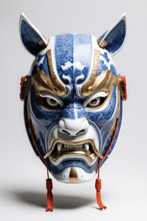 Japanese samurai, tiger style mask, blue and white porcelain textured armor, realistic style, standing, clean white background