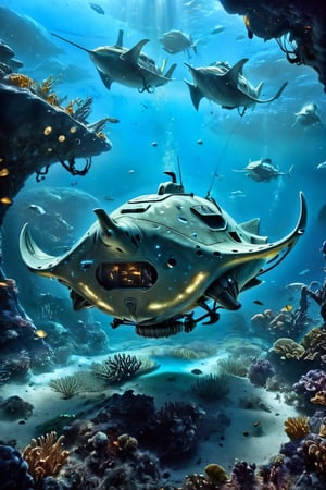 sci-Fi, long underwater stingray sub in the ocean, bioluminescence, lights, windows, sonar, hyper-realism, realistic, masterpiece, intricate details, best quality, highest detail, professional photography, detailed background, depth of field, insane details, intricate, aesthetic, photorealistic, Award - winning, with Kodak Portra 800, extreme depth of field, Ultra HD, HDR, DTM, 8K, science fiction,carbonfiber
