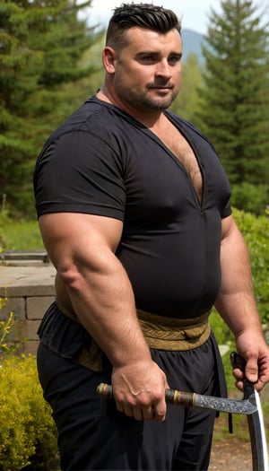 A chubby mature man  ,weapon,sword,solo, undercut hair style,black hair,holding,katana,holding weapon,topknot, seductive leaning forward detailed skin, ultra realistic 8k  picture-perfect face, flawless, clean, masterpiece, professional artwork, famous artwork, cinematic lighting, cinematic bloom,(black hair),(1 man)perfect face,(detail eyes, detail face,(large breasts), looking at viewer , ((a chubby man standing  , outdoor, solo)), 