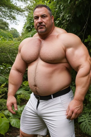( beefy daddy style)(chubby mature man),(chubby man)(Bold),,(great man )( tough), (muscular man) in fantasy jungle, river forest overgrown vines 