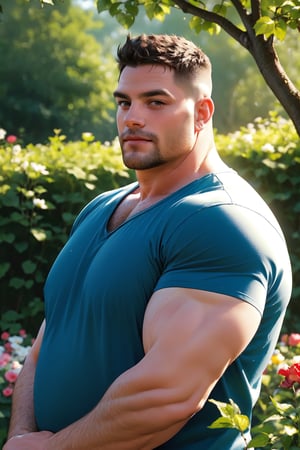 men,(chubby mature man),(chubby muscle man) in the garden, flowers, sunlight, lush forest outside,   Glowing . , brilliant colors, sheen,  , short  hair, depth of field, shallow ,bokeh, cinemascope, moody, epic