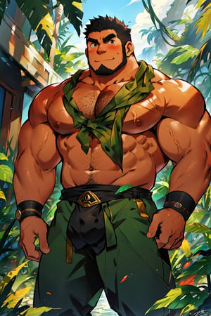  Asian chubby man(chubby muscle man) , (chubby man)(masterpiece),at the viewer, standing, outdoors, jungle, fantasy 