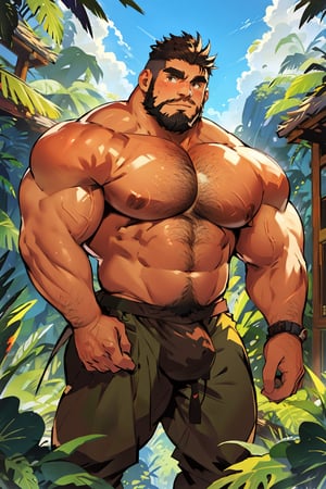  chubby man(chubby muscle man🧔🧔) , (chubby man)(masterpiece),at the viewer, standing, outdoors, jungle, fantasy 