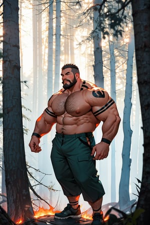  chubby man(chubby muscle man🧔🧔) , (chubby man)(masterpiece)fire fighter ,at the viewer, standing, outdoors, jungle, fantasy (fire,fighter )