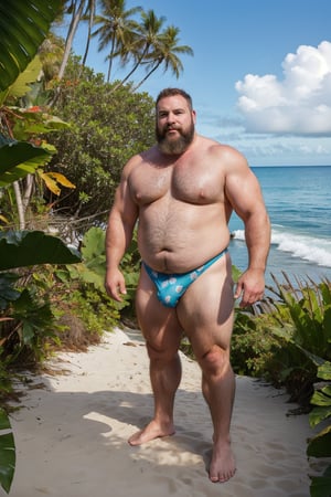  a chubby man(chubby muscle man) (chubby mature man)(heavy man)(bold man chubby)in the jungle fantasy,at the viewer, standing, outdoors, beach, ocean,sea ⛵🌊🧔🧔🫂🫂🏝️🏝️🌅🌈