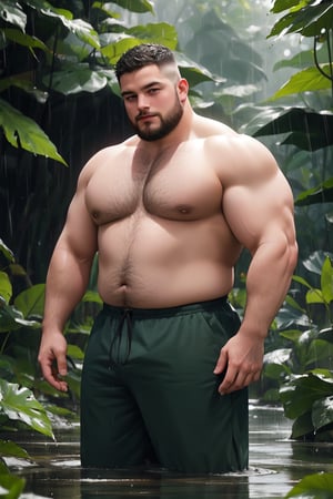  man chubby man(chubby muscle man) (chubby man)(masterpiece)in the jungle fantasy,at the viewer, standing, outdoors, rainy day, river 