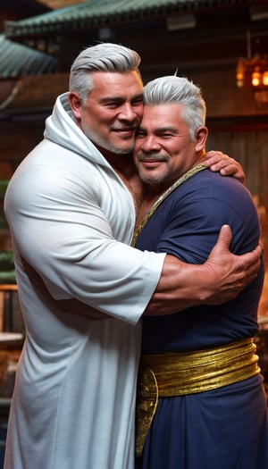 two Thai men , Thai style (chubby mature man),(chubby muscle man)(Bold, tough, muscular man),with spiky Platinum silver hair wearing a long fitted White cloak, ruffled shirt, gold trim , old timey village fantasy style background  ( embrace),(hugging couple),(random hug),