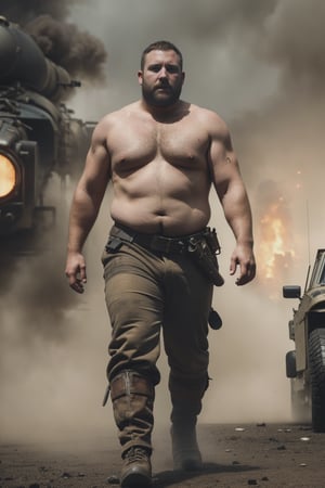 men chubby bodies chubby in the (chubby man),  (bold man style) highlighting the moment Mad Max, characteristic combat clothes, apocalyptic atmosphere, modern style, fighting scene, hyper realistic, cinematic, cinematography, Natural lighting, highly detailed, sharply focused, IMAX movie poster style, realistic, lights, medium close up (walking)