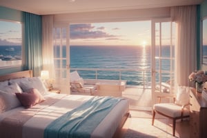 view from bedroom window, bed, ocean, yatch, sunrise, pleasant morning, beautiful view, soft pastel colors, scenic, eye pleasing, masterpiece, digital painting style ,concept