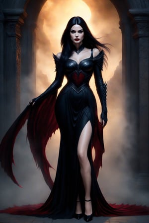 best quality, masterpiece, (((black heels:1.4))),(((full body shot:1.4))),	(((smirk:1.7))),	(standing:1.9),	((facing side way:1.7)), ((dark red lipstick)), 
With her ((very long dark raven hair)) framing her face, the Evil Queen of Hell, Lilith, draped in a tight black dress with an open-shoulder, malevolent grace, Her presence fills the air with a palpable sense of dread, 
ultra realistic illustration,siena natural ratio, by Ai Pic 3D,	cinematic lighting, ambient lighting, sidelighting, cinematic shot,	(full body view:1.4), 	octane render Artstation perfect composition, intricate details, hyper details, masterpiece, perfect composition, perfect anatomy, perfect lighting, sf, intricate artwork masterpiece, ominous, matte painting movie poster, golden ratio, trending on cgsociety, intricate, epic, trending on artstation, by artgerm, h. r. giger and beksinski, highly detailed, vibrant, production cinematic character render, ultra high quality model.,b3rli,aesthetic portrait,bianca_bradey,(PnMakeEnh),LegendDarkFantasy