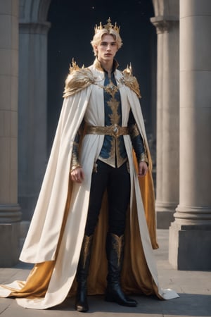 create a hyper-realistic image of a 20 years old tall and handsome European prince, standing, young handsome wizard,  8k, high detailed, sharp focus,more detail XL,Movie Still,(side body view:1.9), black boots,  (whole image within frame),  ((blond shade haircut)), cinematic moviemaker style,Stylish,abmhandsomeguy, ((full body shot:1.9)), wizard cloak,aesthetic portrait,LegendDarkFantasy, ((pale skin)), ((golden crown)),