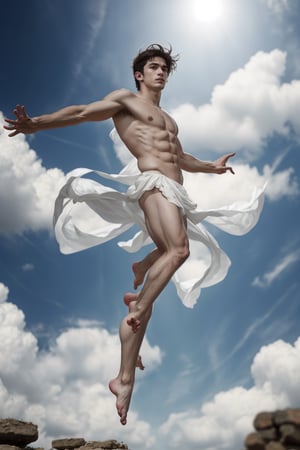 a ((full-body shot)) of a 17-year-old Cupid, Greek god, a European boy with, slim body, brown shade haircut, ((pale skin)), ((side body view:1.4)), telekinesis, ((leaping attack:1.4)), 

he's wearing (a white drapes ancient Greek god costume ), 

((floating in the air)),

 no chest hair, alone, 




realistic, masterpiece, with amazing photography, 8k, HDR, ultra-high resolution, realistic face, realistic body, realistic eyes, highly detailed eyes, perfect young face, ultra-high resolution,8k,Hdr, soft light, perfect face, cinematic light, soft box light, pal colors, unsaturated colors, abandoned_style, photo of perfect eyes, perfect leg,  perfect foot, can see the whole body, sharp focus,  male_only,  smooth, realistic skin,hdsrm, renaissance,Detailedface,telekinesis
