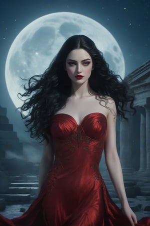 best quality, masterpiece,	realistic hair, realistic skin, very pale skin, black makeup, red lipstick, 
a torso-body view of a Greek goddess Hera standing under the moonlight, wearing a dark red gown, mirroring the tumult she brings. her very long wave of black hair effortlessly channels a Gothic fantasy aura, LegendDarkFantasy, xuer film still
