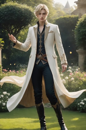 create a hyper-realistic image of a ((14 years old:1.7)) tall and handsome European prince, young handsome wizard fighting with magic in the garden,  8k, high detailed, sharp focus,more detail XL,Movie Still,(side body view:1.9), black boots,  (whole image within frame),  ((blond shade haircut)), cinematic moviemaker , ((casting spell:1.4)), style,Stylish,abmhandsomeguy, ((full body shot:1.9)), topless,aesthetic portrait,LegendDarkFantasy, ((pale skin)) ,aw0k euphoricred style,cute blond boy