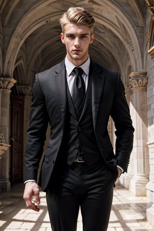 a 25-year-old male model, german handsome guy, gorgeous, short undercut brown hair,  ((wearing a black suit)), half-body shot,  looking serious as he poses for a photo shoot, more detail XL, inside the castle background, dramatic light, Masterpiece,Pectoral Focus, smooth chest, smooth skin, ((black pants,)),Detailedface