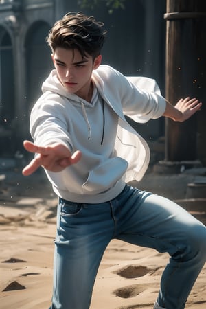 best quality, masterpiece,	(muscular European guy, 25year old:1.5),	(fantasy theme:1.2), a white hoodie,	16K, (HDR:1.4), high contrast, bokeh:1.2, lens flare,	Full length view,	beautiful and aesthetic, vibrant color, Exquisite details and textures, cold tone, ultra realistic illustration,siena natural ratio, anime style, 	Straight black hair,	white hoodie, a jeans, dynamic movement: fighting his enemy with outstretched arms, fighting stance, ((full view:1.4))

ultra hd, realistic, vivid colors, highly detailed, UHD drawing, perfect composition, ultra hd, 8k, he has an inner glow, stunning, something that even doesn't exist, mythical being, energy, molecular, textures, iridescent and luminescent scales, breathtaking beauty, pure perfection, divine presence, unforgettable, impressive, breathtaking beauty, Volumetric light, auras, rays, vivid colors reflects.,hdsrmr,xuer martial arts,handsome italian boy