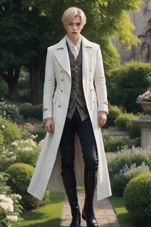 create a hyper-realistic image of a ((14 years old:1.7)) tall and handsome European prince, young handsome wizard in the garden,  8k, high detailed, sharp focus,more detail XL,Movie Still,(side body view:1.9), black boots,  (whole image within frame),  ((blond shade haircut)), cinematic moviemaker , style,Stylish,abmhandsomeguy, ((full body shot:1.9)), topless,aesthetic portrait,LegendDarkFantasy, ((pale skin)) ,aw0k euphoricred style,cute blond boy, white long coat, 