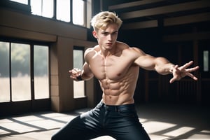 torso shot of a handsome boy, topless and wearing black denim pants, dynamic movement, fighting stance,cute (( blond hair boy)), short hair, male_only, pale white skin, masterpiece, photorealistic, best, best quality, male, perfect nipple, slim body, inspire by male model ,Detailed face, detailed body, detailed leg, 8k,  Photographic realistic masterpiece HDR high quality image, perfect high detail image. 
detailed eyes, perfect eyes, tall and handsome, high detail hand and fingers, Theme Battlefield, He sword fight with the enemy.

cinematic light, detailed environment,(real), motion blur, depth of field,  outstretched arms, fighting stance,
,flower4rmor,Masterpiece,Detailedface,xuer martial arts