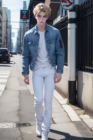 1male,blue eyes, handsome, white shirt,  blue jean jacket, white pants, slender, 17 years old boy, blonde ,Detailedface, realistic skin, pale skin, black shoes, walking, 