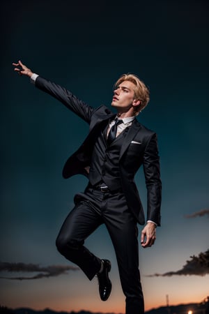 1 male, formal suits,rudeus_greyrat, black formal suit, (full body shot), (handsome European man, 25 years old), ( dirty blond hair), (black necktie),   highly detailed, sharp focus.8k, neon photography style, (jump into the sky like a superhero), 1boy, (side body shot)