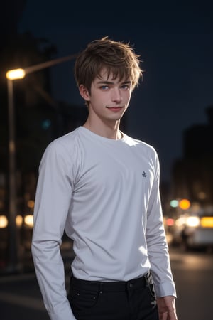 , Cinematic film still, 18-year-old European boy, slim, handsome blue eyes twink, (outdoor:1.0) with (flashing strobe lights:1.0) and  photorealistic, epic, gorgeous, moody, vignette, bokeh, shallow depth of field, highly detailed,  boyish look, pale skin, short brown hair, (slender body), wearing a Form-fitting long sleeves shirt and black pants, grinning,  