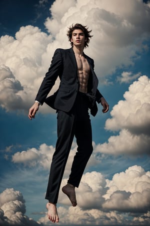 a ((full-body shot)) of a 17-year-old , Greek god, a European boy with, slim body, brown shade haircut, ((pale skin)), he's floating in the air, fighting in the sky, side view, 

he's wearing a black suit, and black pants, 

((floating in the air)),

 no chest hair, alone, 




realistic, masterpiece, with amazing photography, 8k, HDR, ultra-high resolution, realistic face, realistic body, realistic eyes, highly detailed eyes, perfect young face, ultra-high resolution,8k,Hdr, soft light, perfect face, cinematic light, soft box light, pal colors, unsaturated colors, abandoned_style, photo of perfect eyes, perfect leg,  perfect foot, can see the whole body, sharp focus,  male_only,  smooth, realistic skin,hdsrm, renaissance,Detailedface,telekinesis,floating in the air