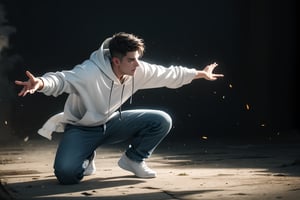 best quality, masterpiece,	(muscular European guy, 25year old:1.5),	(fantasy theme:1.2), a black hoodie,	16K, (HDR:1.4), high contrast, bokeh:1.2, lens flare,	Full length view,	beautiful and aesthetic, vibrant color, Exquisite details and textures, cold tone, ultra realistic illustration,siena natural ratio, anime style, 	Straight black hair,	white hoodie, a jeans, dynamic movement: fighting his enemy with outstretched arms, fighting stance, ((full view:1.4))

ultra hd, realistic, vivid colors, highly detailed, UHD drawing, perfect composition, ultra hd, 8k, he has an inner glow, stunning, something that even doesn't exist, mythical being, energy, molecular, textures, iridescent and luminescent scales, breathtaking beauty, pure perfection, divine presence, unforgettable, impressive, breathtaking beauty, Volumetric light, auras, rays, vivid colors reflects.,hdsrmr,xuer martial arts,handsome italian boy