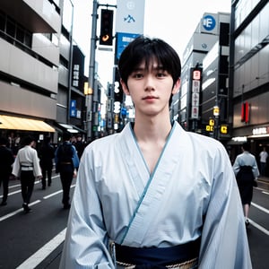 18-year-old boy, a very cute japanese boy, gorgeous, short dark hair, brown eyes. ((wearing a male kimono)), slender man, standing, half body shot, looking as he poses for a photo shoot, more detail XL, Shinjuku streeet background, dramatic light, teenager, half body view,Masterpiece,Black hair,faith_beams,Blueking,Asian man