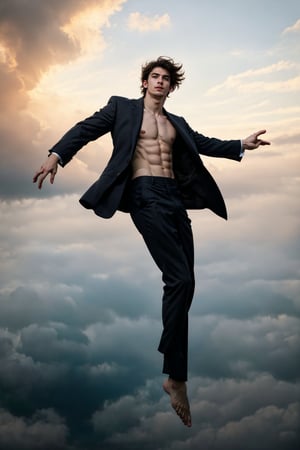 a ((full-body shot)) of a 17-year-old , Greek god, a European boy with, slim body, brown shade haircut, ((pale skin)), he's floating in the air, fighting in the sky, side view, 

he's wearing a black suit, and black pants, 

((floating in the air)),

 no chest hair, alone, 




realistic, masterpiece, with amazing photography, 8k, HDR, ultra-high resolution, realistic face, realistic body, realistic eyes, highly detailed eyes, perfect young face, ultra-high resolution,8k,Hdr, soft light, perfect face, cinematic light, soft box light, pal colors, unsaturated colors, abandoned_style, photo of perfect eyes, perfect leg,  perfect foot, can see the whole body, sharp focus,  male_only,  smooth, realistic skin,hdsrm, renaissance,Detailedface,telekinesis,floating in the air