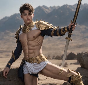 a full body shot of a 17-year-old cute Italian boy standing, wear heavy gold armor, fire sword in his hand, realistic, masterpiece, amazing photography, 8k, HDR, ultra-high resolution, realistic face, realistic body, slim body, realistic eyes, highly detailed eyes, perfect young face, wear majestic gold armor, ultra-high resolution,8k,Hdr, soft light, perfect face, cinematic light, soft box light, pal colors, unsaturated colors,abandoned_style, photo of perfect eyes,he's looking side way, perfect leg, walking outside in the nature, perfect foot, can see the whole body,handsome cute italian boy, sharp focus, short hair, fade haircut, male_only, not looking at viewer, smooth, no chest hair, pose sword fight, alone, heavy armor, realistic skin,hdsrm, fighter, looking up to the sky, sword in hand,fight scene, sword slashing,renaissance