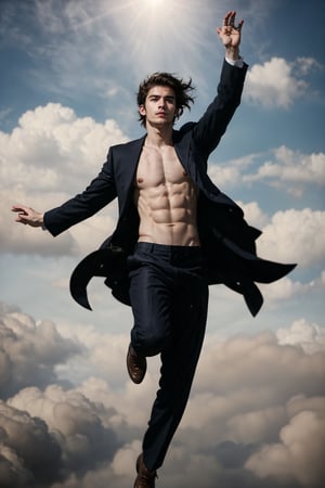 a ((full-body shot)) of a 17-year-old , Greek god, a European boy with, slim body, brown shade haircut, ((pale skin)), he's floating in the air, fighting in the sky

he's wearing a black suit, and black pants, 

((floating in the air)),

 no chest hair, alone, 




realistic, masterpiece, with amazing photography, 8k, HDR, ultra-high resolution, realistic face, realistic body, realistic eyes, highly detailed eyes, perfect young face, ultra-high resolution,8k,Hdr, soft light, perfect face, cinematic light, soft box light, pal colors, unsaturated colors, abandoned_style, photo of perfect eyes, perfect leg,  perfect foot, can see the whole body, sharp focus,  male_only,  smooth, realistic skin,hdsrm, renaissance,Detailedface,telekinesis,floating in the air