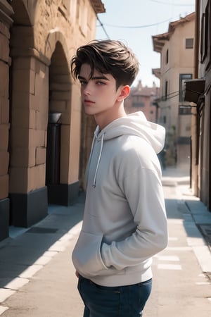 best quality, masterpiece,	(muscular European guy) (17year old:1.5),	(fantasy theme:1.2), a white hoodie,	16K, (HDR:1.4), high contrast, bokeh:1.2, lens flare,	Full length view,	beautiful and aesthetic, vibrant color, Exquisite details and textures, cold tone, ultra realistic illustration,siena natural ratio, anime style, 	Straight black hair,	white hoodie, a jeans, dynamic movement: walking, ((full view:1.4))

ultra hd, realistic, vivid colors, highly detailed, UHD drawing, perfect composition, ultra hd, 8k, he has an inner glow, stunning, something that even doesn't exist, mythical being, energy, molecular, textures, iridescent and luminescent scales, breathtaking beauty, pure perfection, divine presence, unforgettable, impressive, breathtaking beauty, Volumetric light, auras, rays, vivid colors reflects.,hdsrmr,handsome italian boy